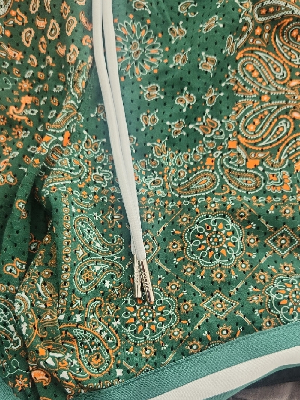 Men's Green Paisley Athletic Shorts with Drawstring - Picture 2 of 7